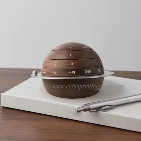 Solid wooden perpetual desk calendar with laser engraved logo