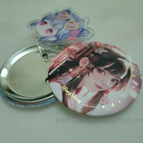 Custom metal pin buttons printed with full colour logo designs