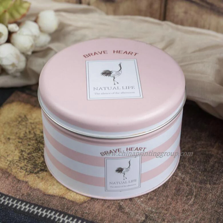 Empty round tinplate candle tin with slip lid