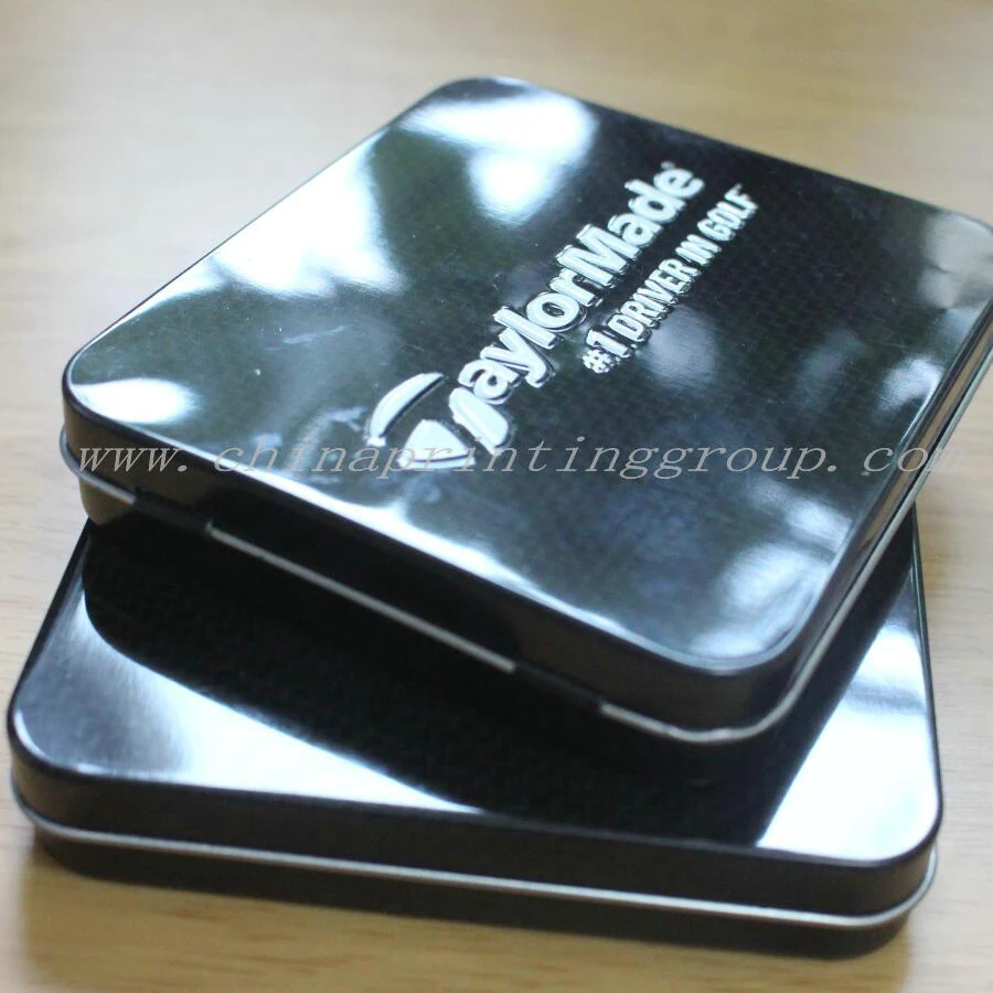 Custom printed tinplate case showing embossed logo
