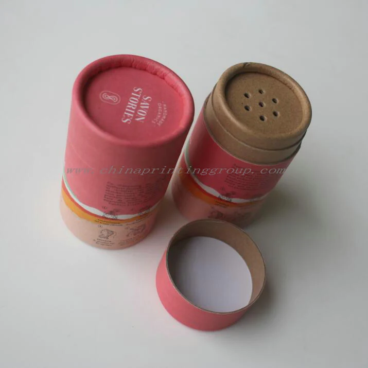 Powder shaker paper tube showing sifter holes in the lid