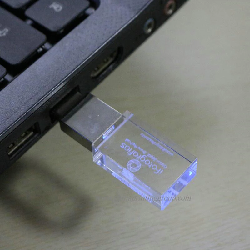 Custom acrylic USB stick with LED lighting switched on