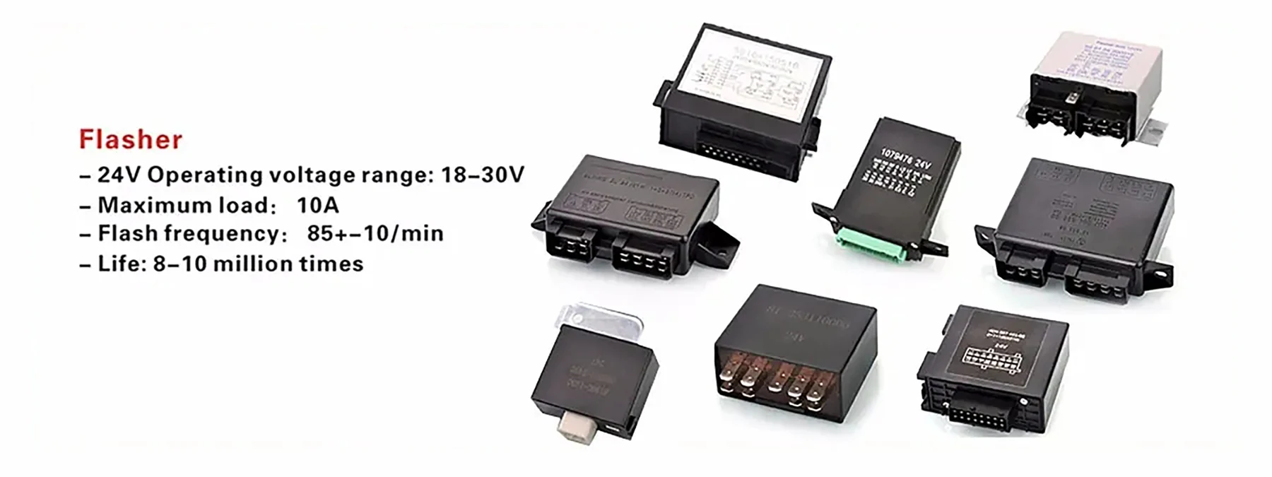 Range of CHINO ELECTRIC 24V truck flasher units in different housings and pin counts