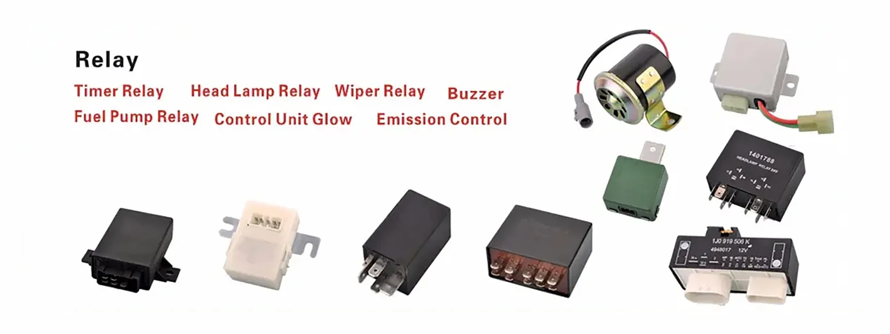 Timer relays head lamp relays wiper relays buzzers fuel pump relays and glow control units from CHINO ELECTRIC