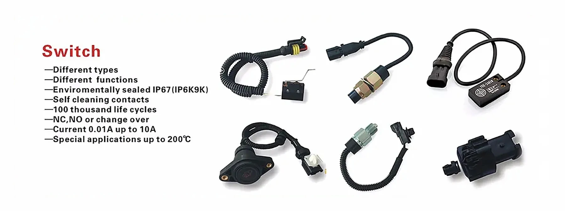 Range of CHINO ELECTRIC vehicle switches with sealed connectors and braided harnesses