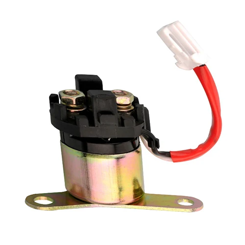 An electromagnetic starter relay with a metal mounting bracket and a red wire connector.