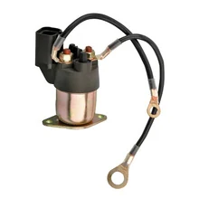 Starter solenoid with metal cylindrical body, black top terminals, mounting bracket, and cable with