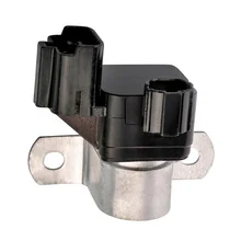 Automotive idle control valve with black plastic electrical connectors and metal mounting flange on white background