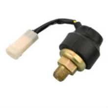 Pressure switch with brass threaded port, black housing, and wire pigtail connector on white background