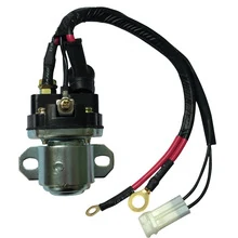 Starter solenoid with mounting bracket, wiring harness, ring terminals and plastic connector on white background