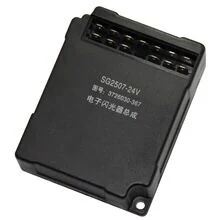 Black rectangular electronic control module with a multi-pin connector and white printed text.