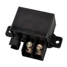 Black rectangular automotive relay with mounting flange, screw terminals, and connector socket on white background
