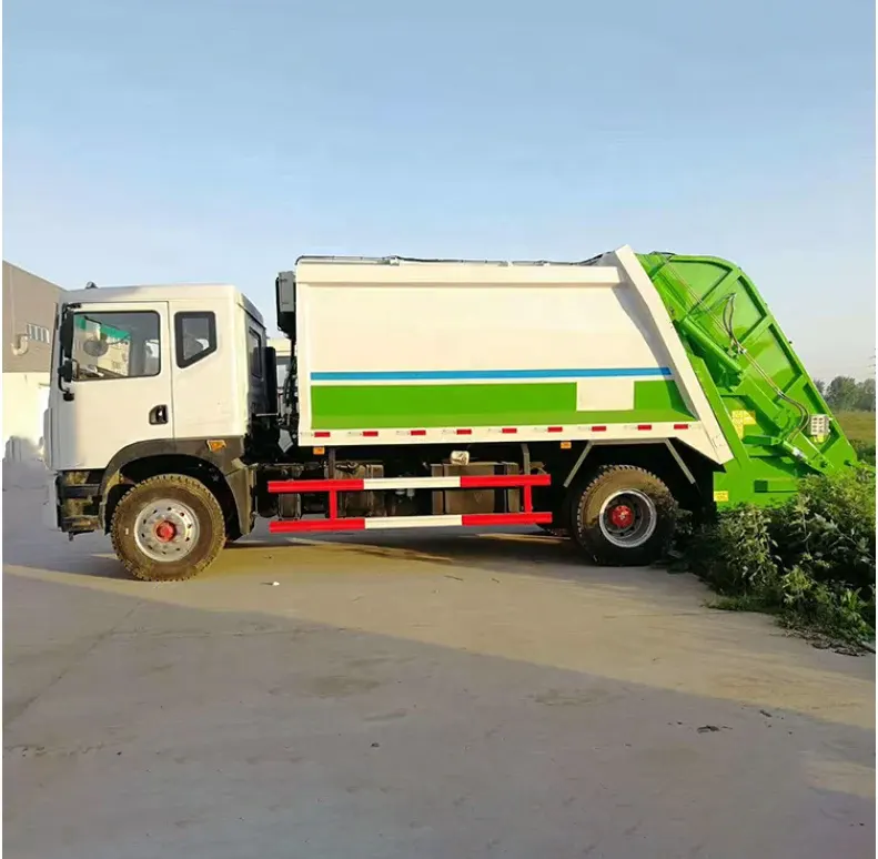 Front three-quarter view of a white 16-ton HOWO hook lift garbage truck with sealed compaction tank