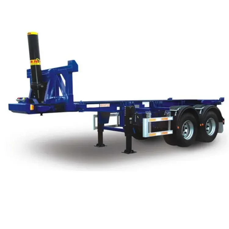 Side view of a 2-axle skeleton semi-trailer with 1200R20 tyres and leaf spring suspension