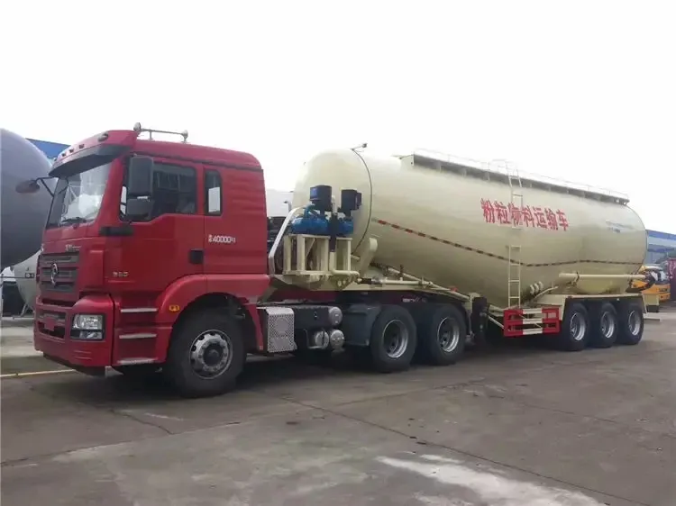 Side view of a white 3-axle cement powder semi-trailer