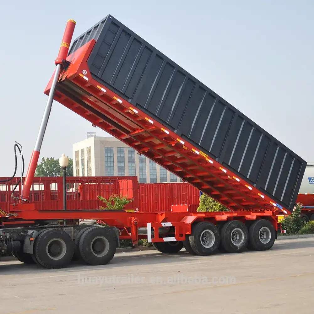 Rear view of a three-axle dump trailer