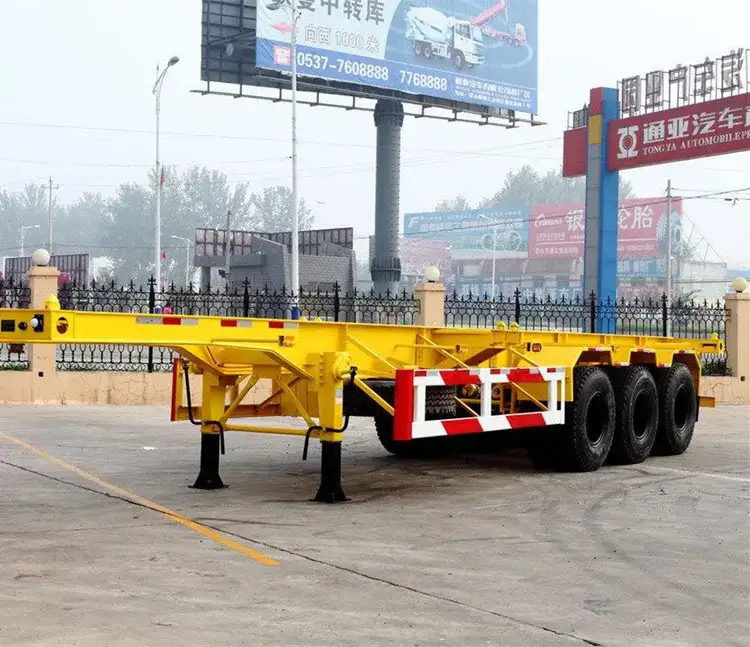 Side view of a 3-axle skeleton container semi trailer with 12500mm length and 1200R20 tyres