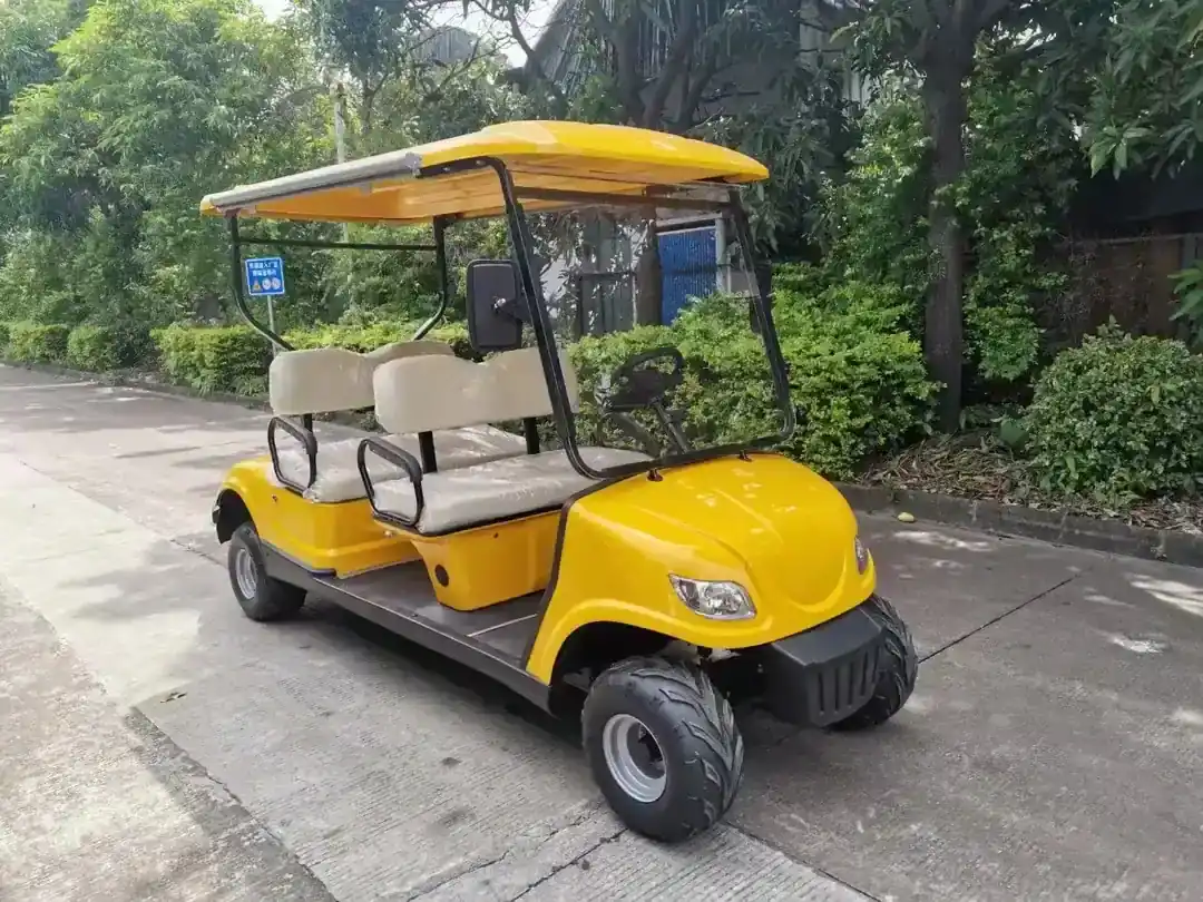 Red 4x4 electric utility club car eone-S03 with six seats, parked on a gravel surface