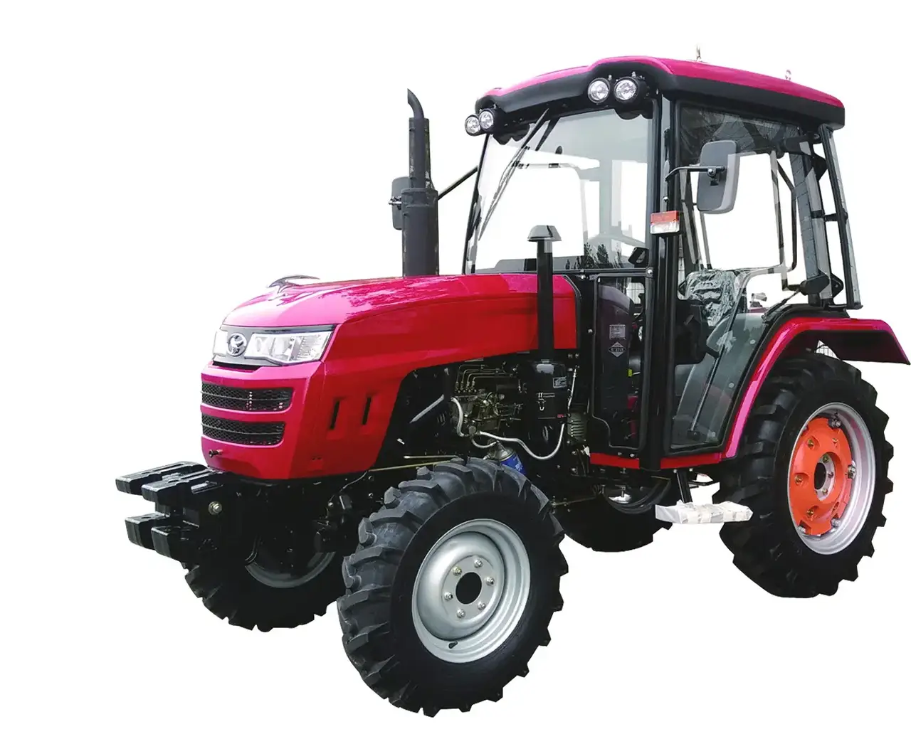 Front three-quarter view of a 4WD agricultural tractor with reinforced sheet metal body and combined crystal headlamps