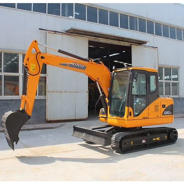 Front three-quarter view of a grey Rhinoceros X80-E crawler excavator with wide track and bucket raised