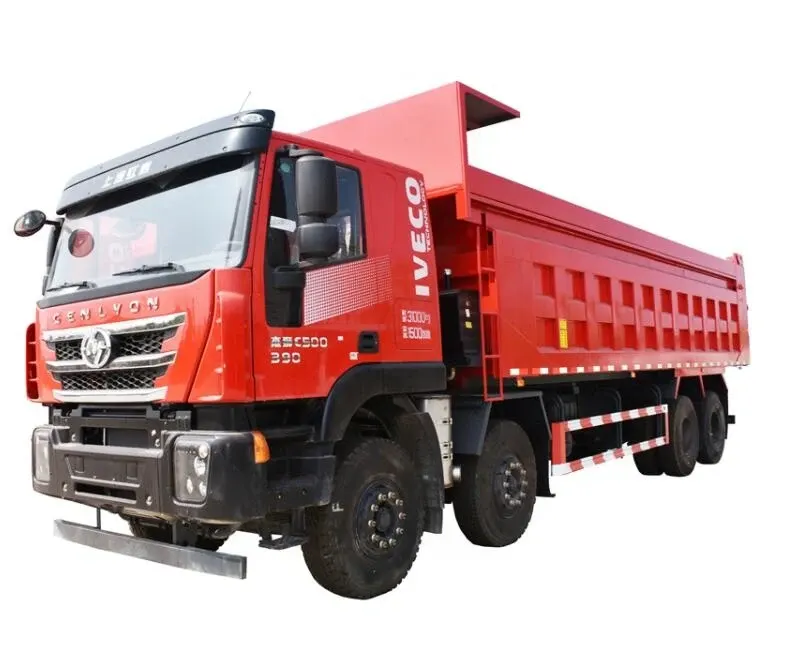 Red HONGYAN 8x4 dump truck parked on a yard, front three-quarter view