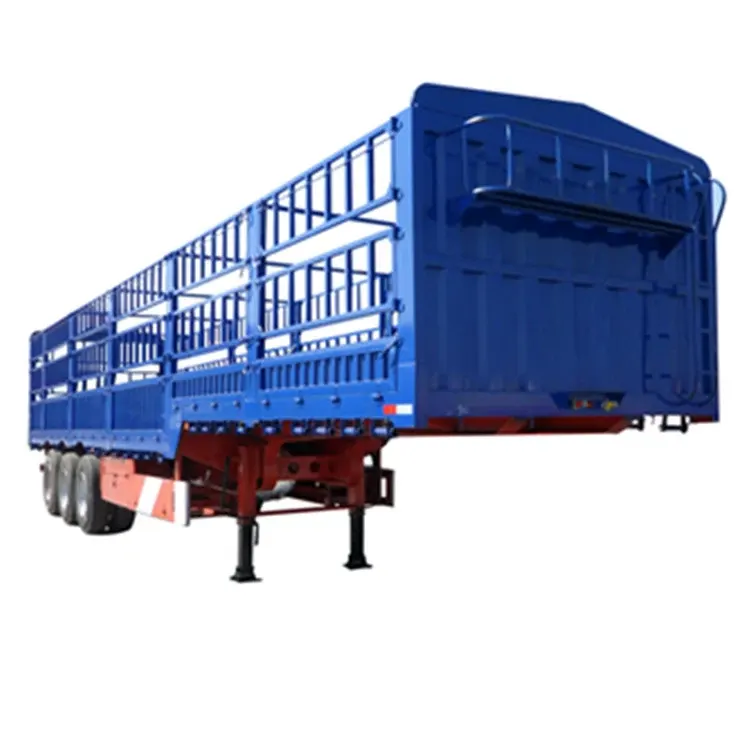 Side view of a 3-axle fence stake semi-trailer with leaf spring suspension and 1200R20 tyres