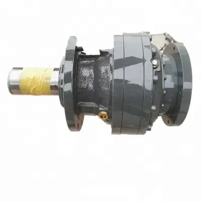 Black planetary gearbox reducer EM1090-EM1250-EC2090-EC3090-EC4090 mounted on a stand, front view showing input and output shafts