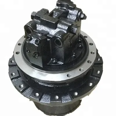 Black hydraulic travel motor 9150472 mounted on a metal stand, front view showing the shaft and mounting flanges