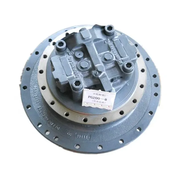Black PC200-8 travel motor 20Y-27-00500 mounted on a workbench, front view showing the shaft and mounting flange