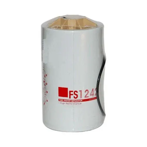 Black iron fuel filter with water separator FS1242 mounted on a diesel engine fuel line