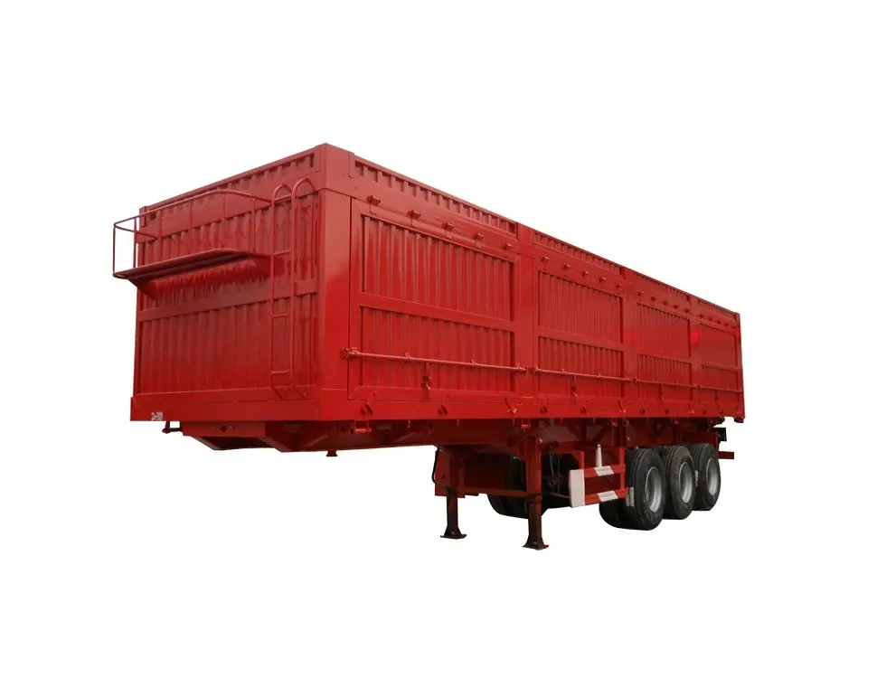 Rear dump tipper semi trailer parked on a yard, rear view showing the dump gate and hydraulic cylinder