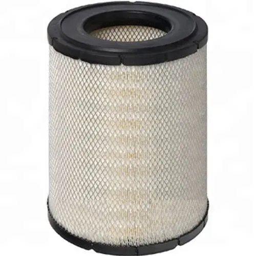 Close-up of the E787L heavy-duty air filter with dimensions labeled and cellulose media visible