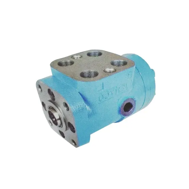 BZZ540 hydraulic steering control unit mounted on a metal plate, front view showing inlet and outlet ports