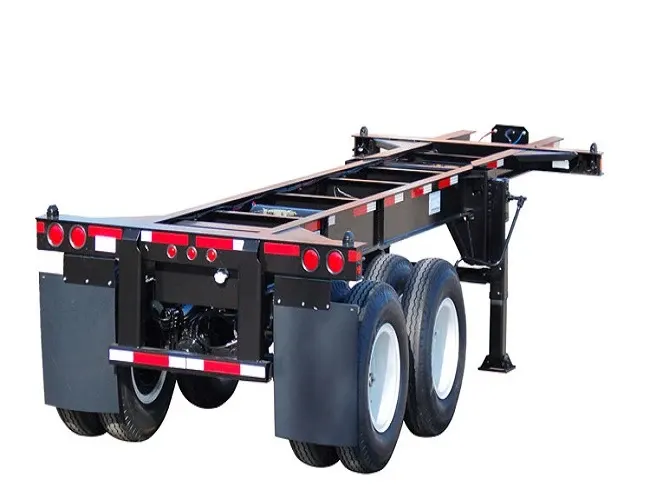 Side view of a 20ft skeletal semi-trailer with two 13-ton Fuwa axles and 1200R20 tyres