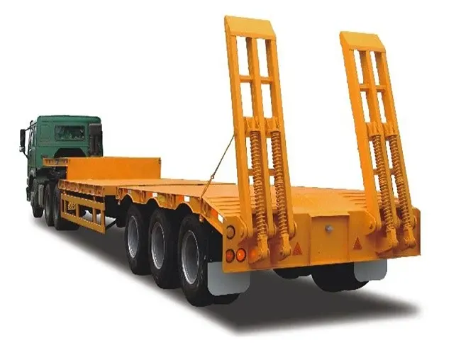 Front three-quarter view of a white lowbed semi trailer with 3 axles and 12R22.5 tyres