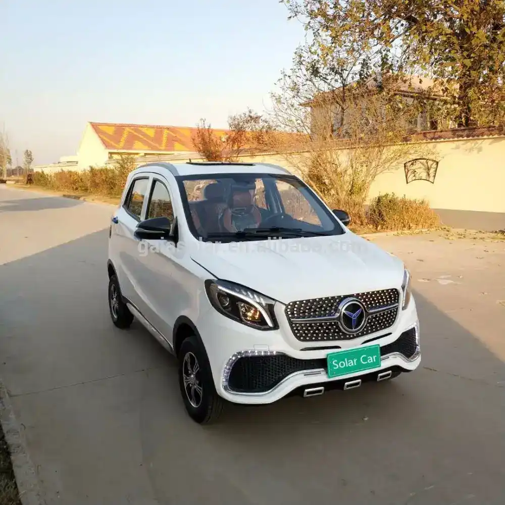 Front three-quarter view of a 4-person solar electric car with open sunroof and integrated headlamps
