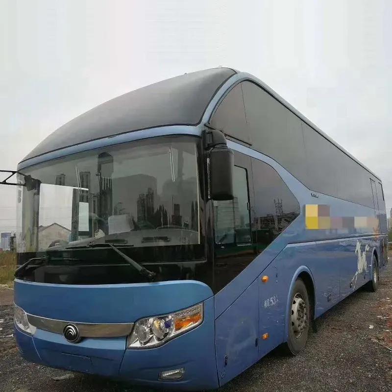 Blue Yutong ZK6127H bus parked on a yard, front three-quarter view