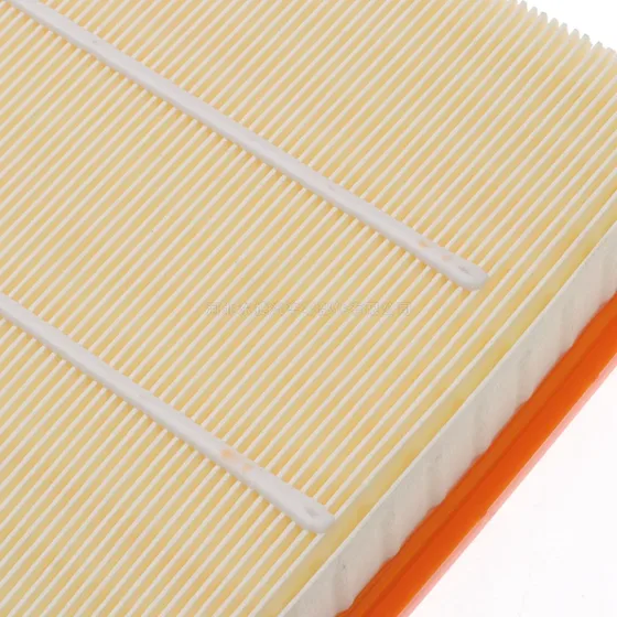 Multiple air filters arranged in a box with labels showing OEM number and brand