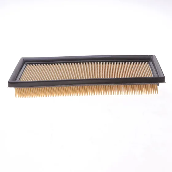 Packaged air filter in a cardboard box with plastic bag inside, showing protective layer