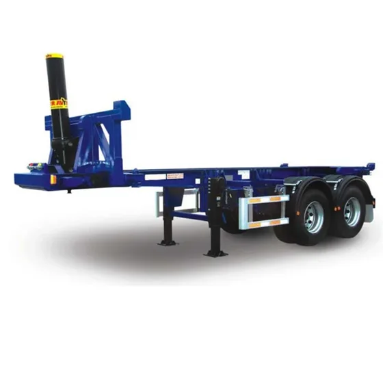 Side view of a 2-axle skeleton semi-trailer with 1200R20 tyres and leaf spring suspension