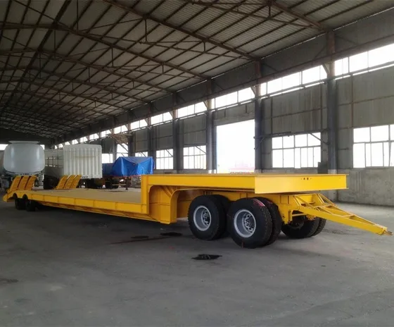 Front view of the lowbed trailer showing the fifth wheel coupling and front axle