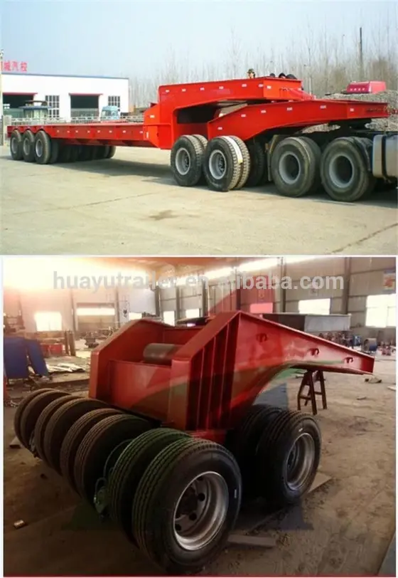 Side view of the lowboy trailer highlighting the 23500mm length, mechanical suspension, and 315/80R22.5 tyres