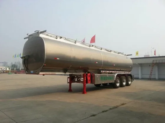Side view of a 3-axle petrol tanker semi trailer with 304 stainless steel tank, FUWA axles, and Triangle tyres