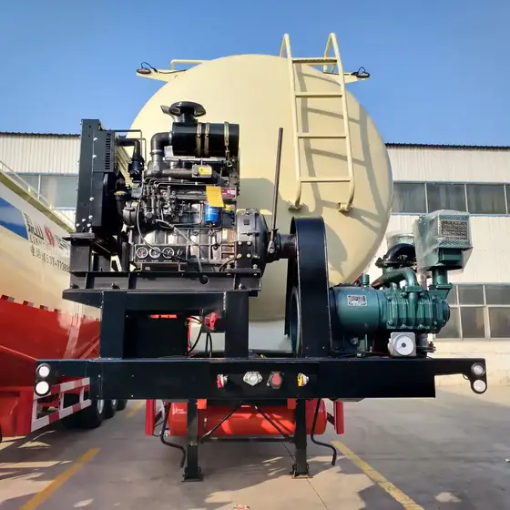 Rear view of the cement bulker trailer showing the discharge valve