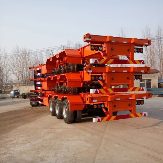 Side view of a 40FT three-axle container skeleton semi-trailer with 12R22.5 tyres and leaf spring suspension