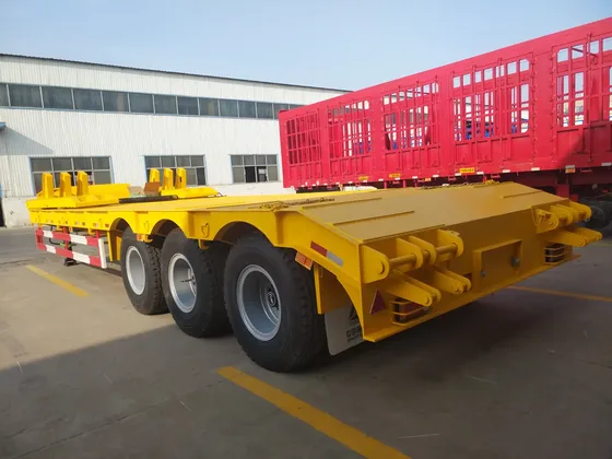 Rear view of the trailer with landing gear, twist locks, and side lights
