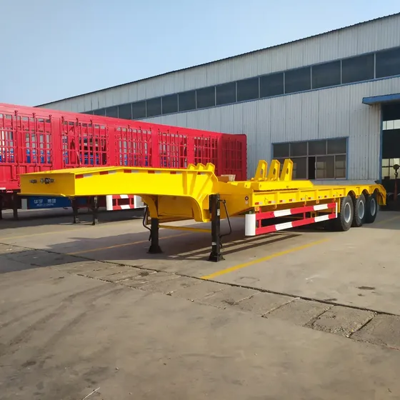 3-axle heavy-duty hydraulic swan neck gooseneck lowboy trailer parked on a yard, front three-quarter view