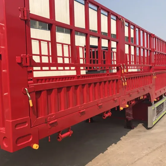 3-axle stake semi trailer for cattle transport, side view showing fence panels and 1200R20 tyres