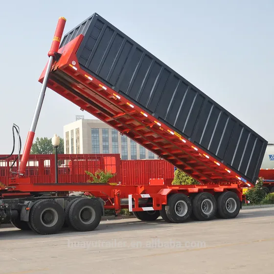 Rear view of a three-axle dump trailer