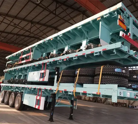 Top view of the flatbed trailer's checkered steel floor